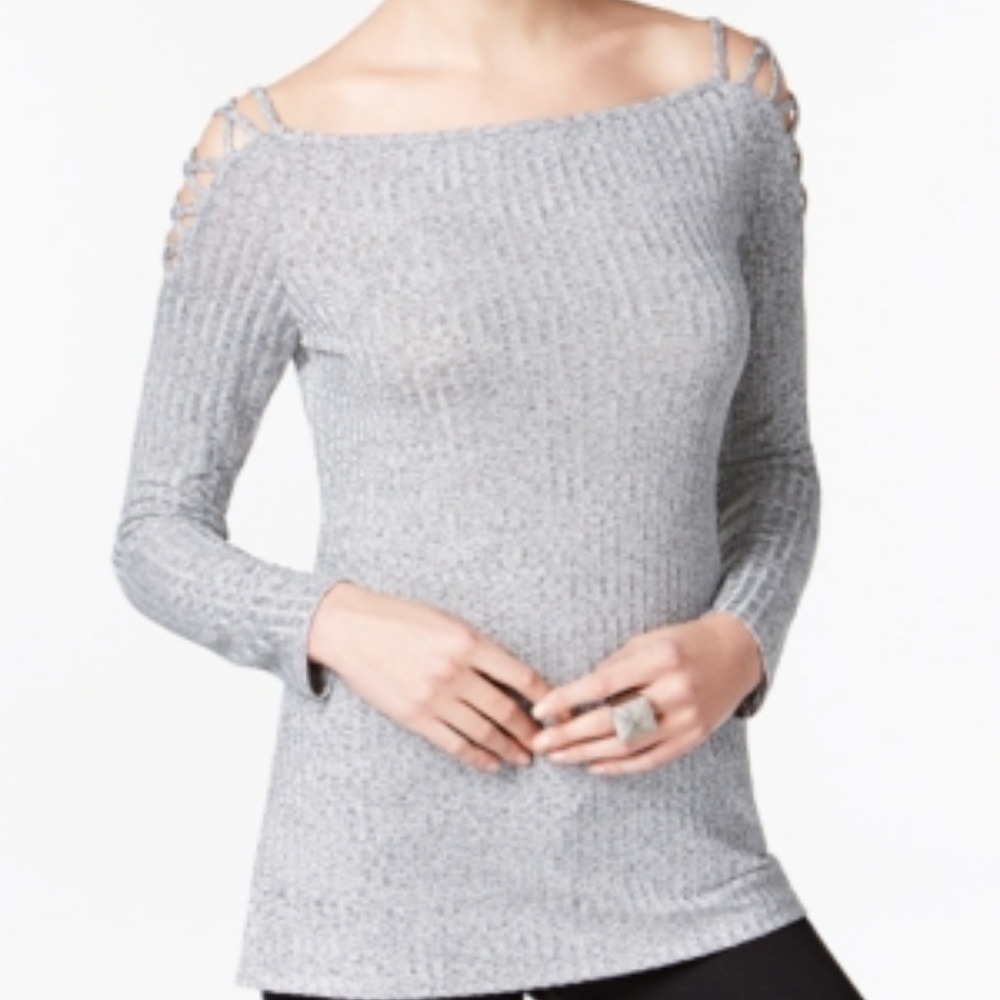 Bar Iii Ribbed Lattice-Detail Cold Shoulder Shirt